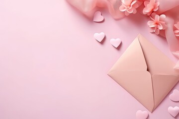 Valentines Day Background With Pink Flowers, Envelope, And Hearts On Pastel Pink Mockup . Сoncept Valentine's Day, Pink Flowers, Envelope, Hearts, Pastel Pink, Mockup