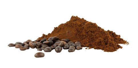 piles of ground coffee and beans isolated