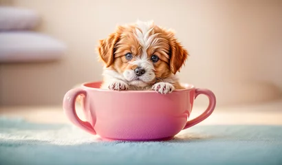 Tuinposter Cute puppy with a cup © tanya78