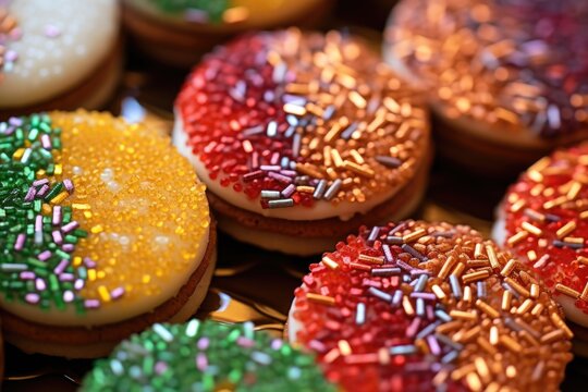 close-up of christmas cookies with multi-colored sprinkles