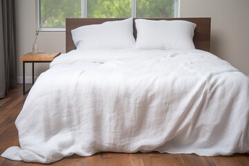 linen duvet cover placed on a wooden table