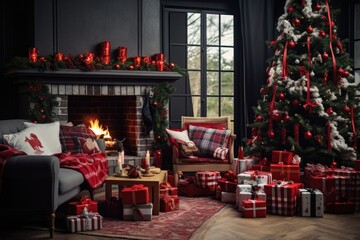 a festive-themed living room with unopened gifts