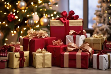 creatively wrapped gift boxes surrounded by holiday decorations