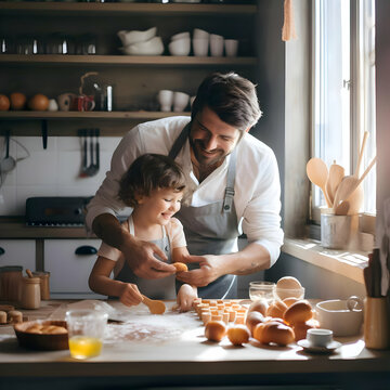 Dad With A 5-year-old Child Cooking In The White Kitchen. High Quality