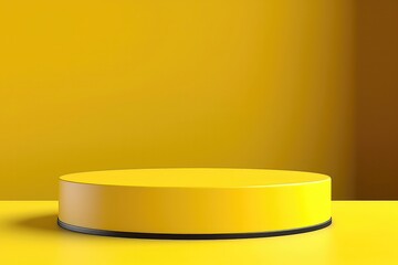 Yellow Pedestal Display On Vivid Background With Blank Stand Mockup. Сoncept Yellow Pedestal, Display Mockup, Vivid Background, Blank Stand