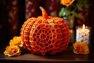 a handmade pumpkin decoration using orange yarn