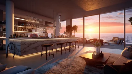 Foto op Aluminium Modern living room and bar overlooking ocean at sunset © Saurav