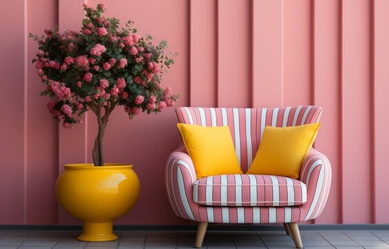 Rendering of yellow bright colors and a colorful striped chair