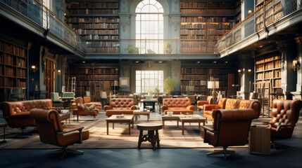 A large library with floor-to-ceiling shelves filled with books and several comfortable armchairs