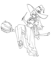 Cute anime witch. Hand drawn vector contour illustration for coloring book.