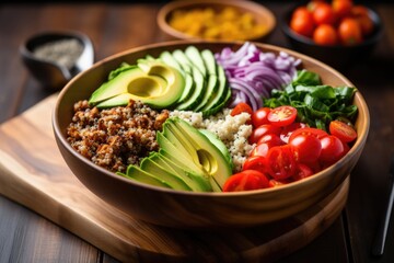full bowl of salad with quinoa and avocado
