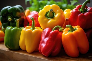 a bunch of different colored bell peppers on a kitchen countertop - Powered by Adobe