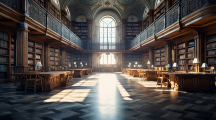 A large library with bookshelves lining the walls and a few tables in the center - obrazy, fototapety, plakaty