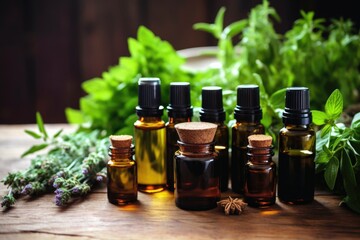 Obraz na płótnie Canvas a setup of essential oil bottles with aromatic plants next to them