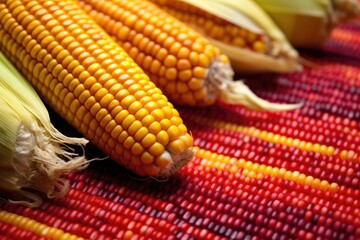 close-up shot of ears of corn arranged on a vibrant mat