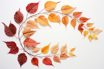 autumn leaves glued into a spiral pattern on a white board