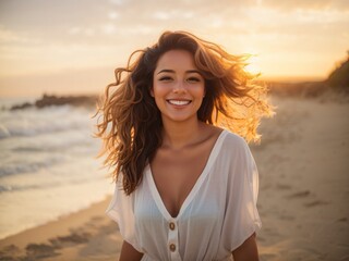 Fototapeta na wymiar Portrait of a Happy Woman at the Beach,Portrait of a Joyful Woman by the Seaside, insurance ads, vacation ads