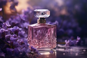 Perfume bottle with blooming lilac in a beautiful purple color