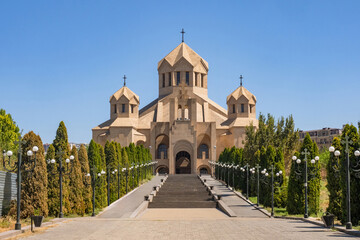 Cathedrals Yerevan. Republic Armenia. Cathedral st. Gregory illuminator. Orthodox church on summer day. Sights Armenia. Excursions around Yerevan. St. Gregory cathedral view from central staircase - obrazy, fototapety, plakaty