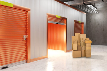 Storage space. Warehouse interior. Cardboard boxes near entrance to storage space. Warehouse hangar...