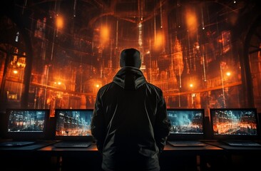 an image of a man with his monitors in front of a large screen