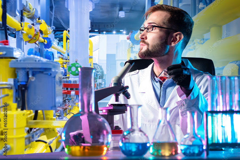 Poster man laboratory assistant. industrial laboratory employee. guy scientist with test tubes and microsco