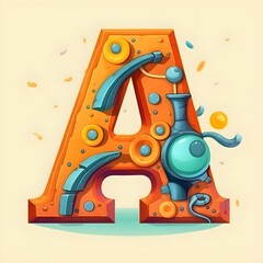orange alphabet letter A with cartoon character for kids