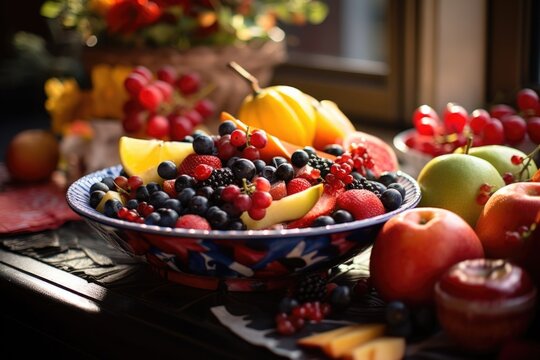 close-up of fruit bowl mazao on decorated table