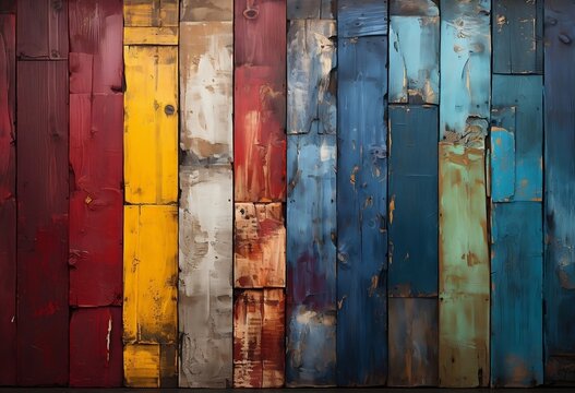 an old wooden fence in various colors painted over