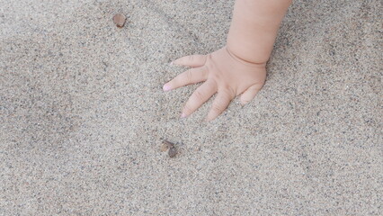 Baby enjoying putting his hands in sand at a beach.
