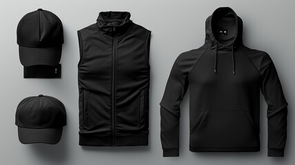 Blank black collection of menswear templates.T-shirts,hoodies,polo shirts,jackets, bombers.By Ai.