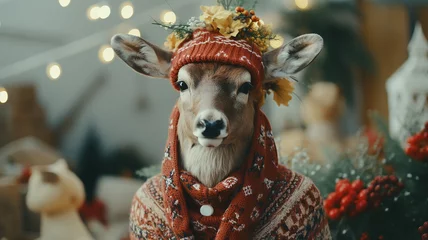 Rolgordijnen Shop for festive wear. Sweater with deer. Hipster bearded man wearing winter sweater and hat.By Ai. © Saurav