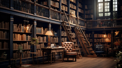 Obraz premium A library with floor-to-ceiling bookshelves, a ladder, and a cozy reading corner