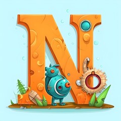 orange alphabet letter N with cartoon character for kids