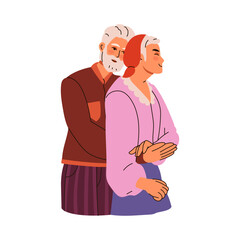 Couple hugs. Happy senior people embrace. Grandparents cuddling. Grandma and grandpa standing together. Elderly family relationship. Romantic dating. Vector smiling aged man and woman
