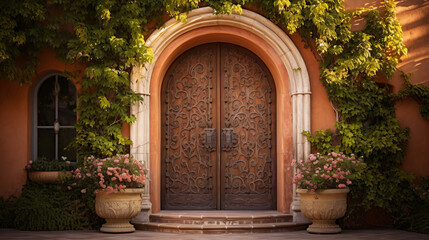 Arched doorway of a villa. Intricately carved teak door framed by wrought iron details. Mediterranean style home with terracotta tiles and climbing ivy.