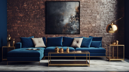 A brass coffee table next to a blue sofa in a home interior.
