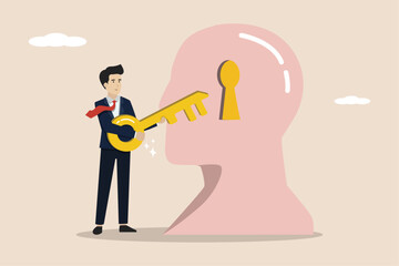 The key to unlocking answers to problems and questions, a solution to solving a problem, a smart businessman holds the golden key to open the hole in the big head. Illustration successful business.