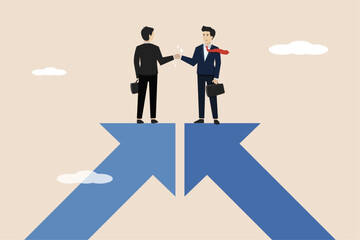 Partnership cooperation, cooperation agreement for success, team collaboration, collaboration concept, businessman shaking hands on growth arrow joining connection agreeing to work together.