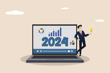 Business prospects for 2024, planning or forecasting, vision of future success, new year achievement targets, smart business people analyzing business prospects for 2024. Illustration of a successful.