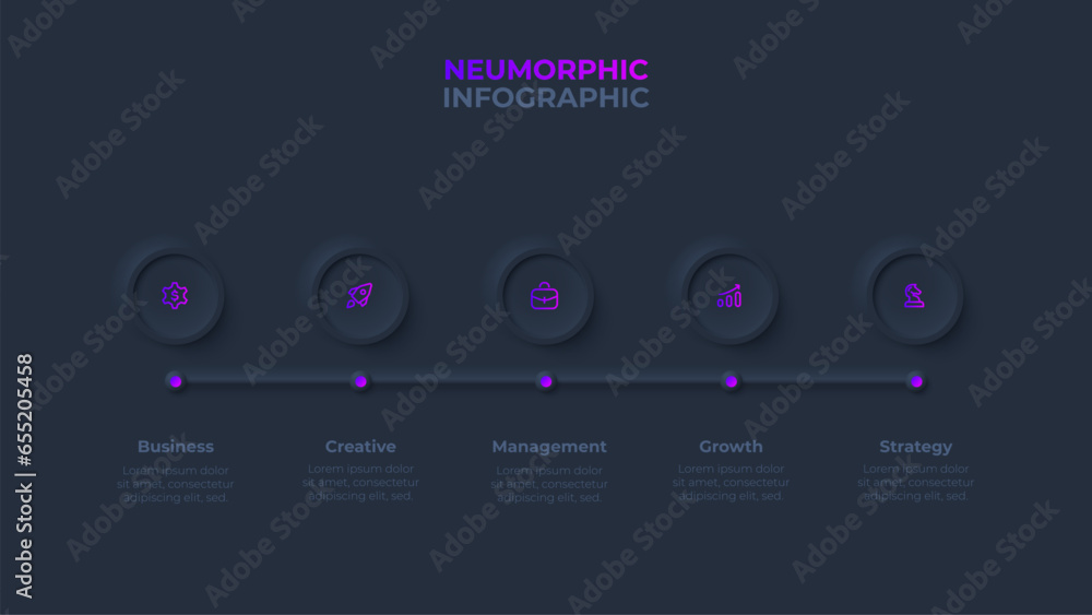 Aufkleber Thin horizontal line with five circles. Concept of 5 steps of business processes. Dark neumorphism infographic design template