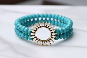 turquoise beaded bracelet placed on a piece of white marble