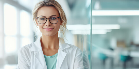 Happy female medic portrait on background of medical clinic with copy space. Medical nurse or scientific laboratory worker in uniform and glasses. 