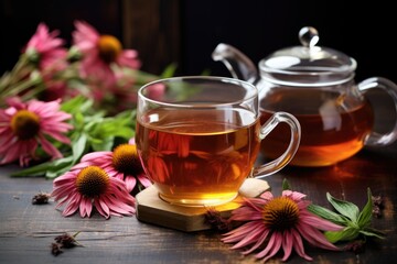 echinacea tea brewing in a clear teapot, fresh echinacea flowers nearby - obrazy, fototapety, plakaty