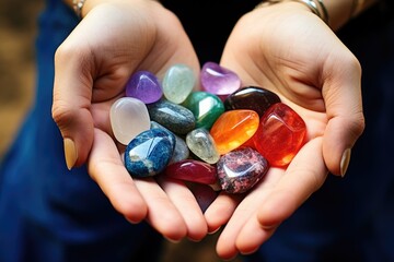 close-up of hands hovering over colored healing stones