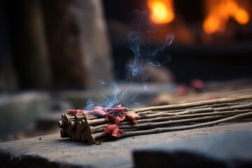 incense stick burning near a row of stones