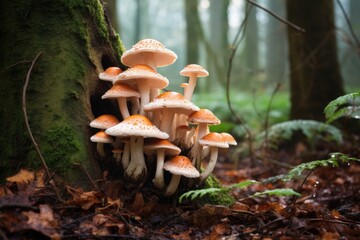 cluster of mushrooms growing on a tree trunk - Powered by Adobe