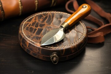 a pocket knife and a round sharpening stone in a leather holder - obrazy, fototapety, plakaty