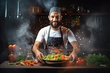 Male chef prepares a delicious, healthy dish