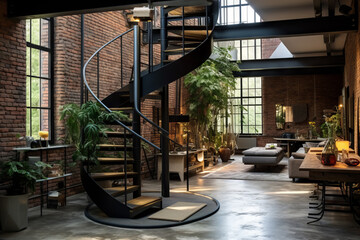 Spiral iron staircase and brick-exposed wall in a bohemian loft space. Artistic home interior design of a modern atrium with large windows